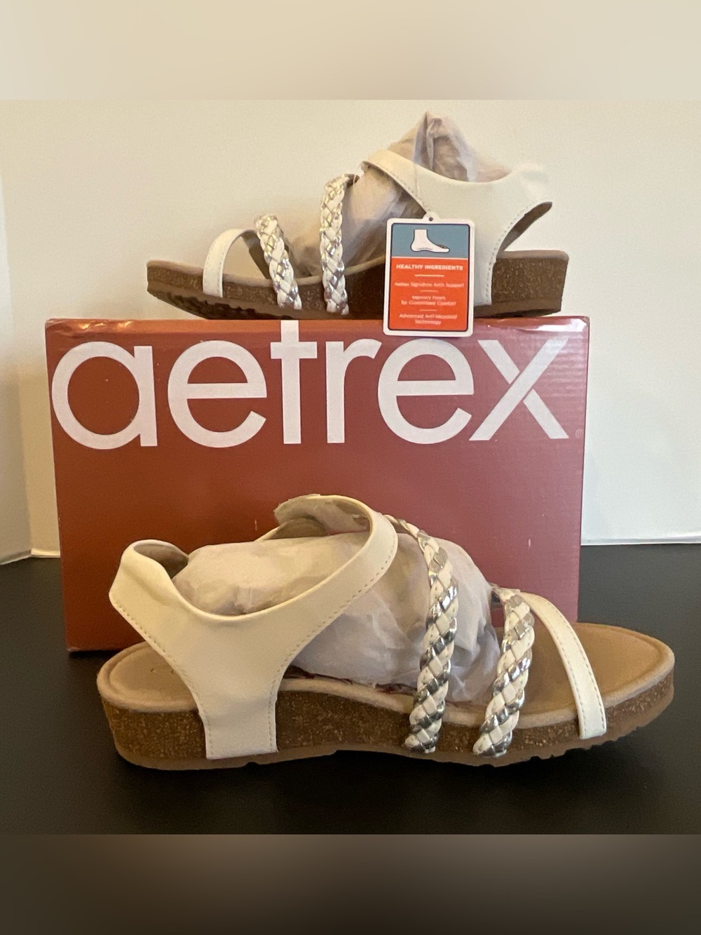 Aetrex Jillian White Braided Strap Leather Comfort Sandals  8M  New with Box